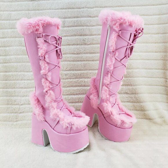 Camel 311 Baby Pink Furry Goth Punk Platform Knee Boots - Picture 8 of 10